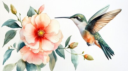 Vibrant Hummingbird and Bright Summer Flower Watercolor Illustration