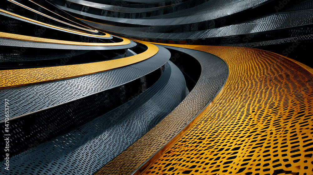 Poster abstract image of swirling, textured metal in black and gold tones, creating a dynamic and modern ar