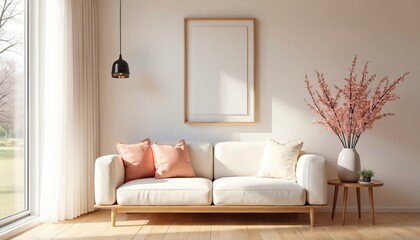 Naklejka premium Minimalist living room interior with white sofa pillows, cherry blossom decor. Modern bright design with cozy atmosphere. Empty wooden frame on wall for artwork, stylish home.