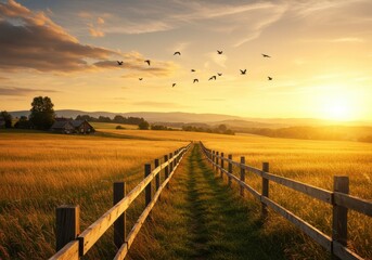 Obraz premium Golden field landscape with fence