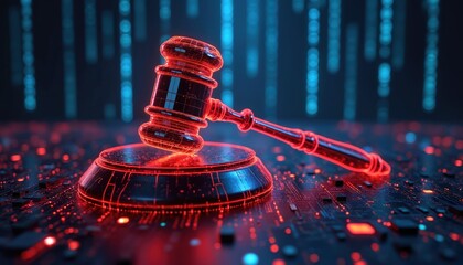 Binary illustration of gavel on circuit board, digital law, justice, technology. Red neon lights, blue background, represents virtual world legal regulations, digital agreements, blockchain. Rights,