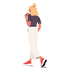 Young woman cartoon character eating fast food meal on-the-go isolated on white background