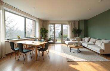 Fototapeta premium Modern living room dining room design. Stylish interior, large comfortable sofa combined with wooden dining table, chairs. Light, airy, clean, spacious apartment home interior design. Big windows,