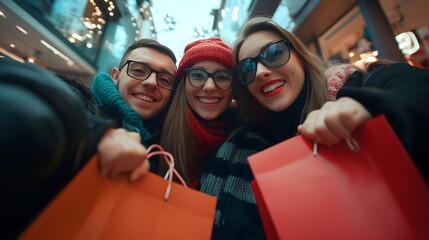 Fototapeta premium Shopping Spree Selfie: Three friends, brimming with excitement and holding shopping bags, capture a vibrant selfie during a festive shopping excursion. The atmosphere exudes pure joy and anticipation.