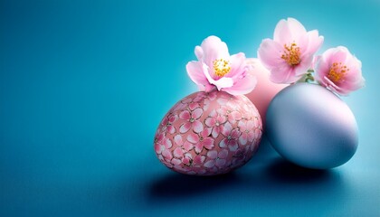 easter eggs beautifully decorated with pink flowers resting on a blue background