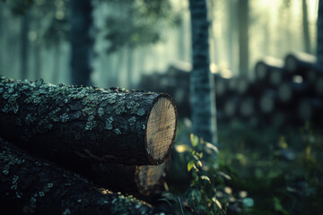 Log covered with moss lying in forest with a stack of logs in the background