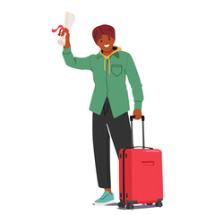 Happy smiling Indian boy student cartoon character holding diploma scroll standing with luggage bag