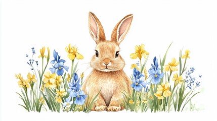 Fototapeta premium Beautiful Bunny with Yellow Irises and Blue Hyacinth - Bright and Colorful Springtime Illustration