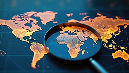 Magnifying glass over world map digital visualization. Global analysis research, interconnectedness concept. Global business, international relations, innovation, technology, data, analysis, cyber