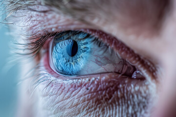 Fototapeta premium Intense macro shot reveals intricate details of a vibrant blue human eye. The image captures the unique texture and color variations.