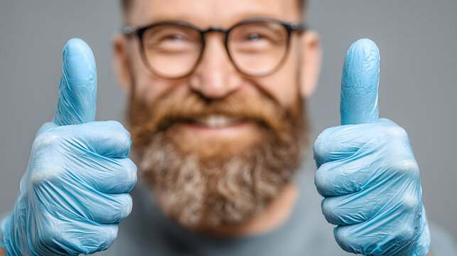 Smiling Man in Glasses Showing Thumbs Up in Blue Latex Gloves &ndash; Hygiene and Positivity Concept
