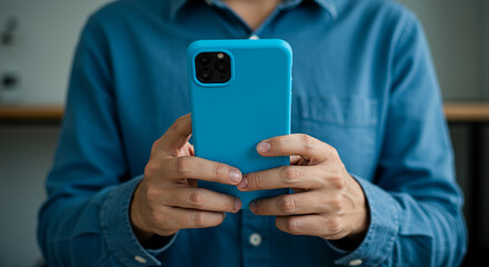 Man in casual shirt using smartphone for communication social media or online banking