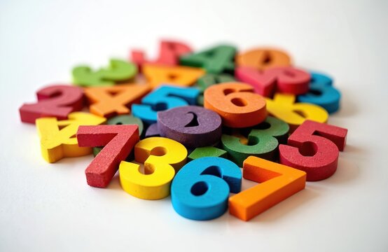 Vibrant colorful wooden numbers on white background. Education, preschool, learning concept. Mathematical symbols for teaching count to children. Bright, fun, playful game.