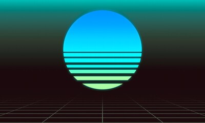 Retro Sunset Horizon, Minimal Synthwave Aesthetic with Neon Gradient, Futuristic design, wave music.