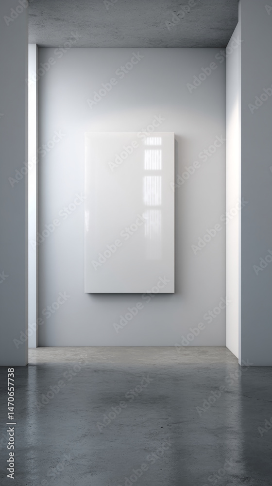 Poster blank white canvas on a white wall in a minimalist room, showcasing clean lines and ample free space