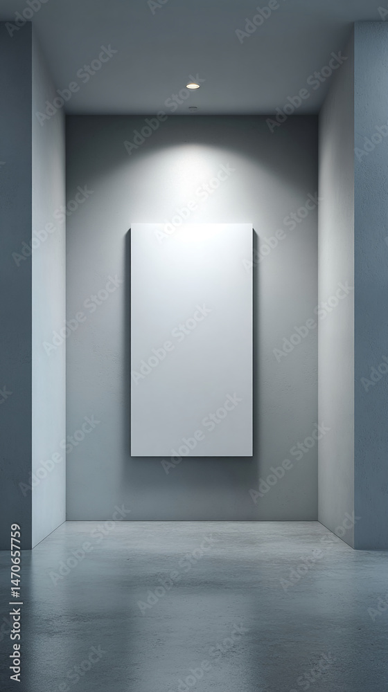 Aufkleber blank canvas on gray wall in minimalist room, showcasing space for advertisement or art display, sim