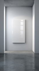 Blank white canvas on a white wall in a minimalist room, showcasing clean lines and ample free space for text or design, ideal for modern presentations or art displays