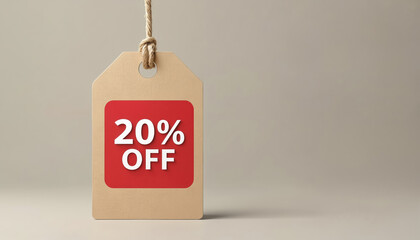 Sale tag shows 20 percent discount. Red square label with white text offers price reduction. Savings concept, promotion, special offer in retail, shopping, ecommerce, business, marketing campaigns.