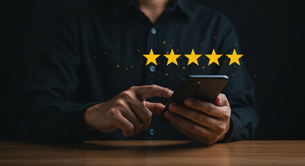 Businessman giving five star customer review rating representing client satisfaction and service quality