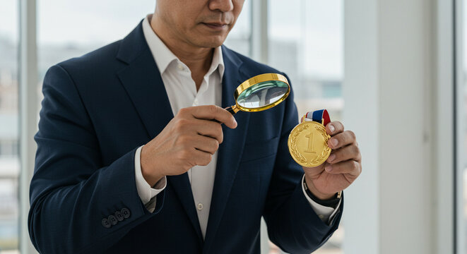 Businessman using magnifying glass to inspect dollar coin showing financial analysis money and strategy