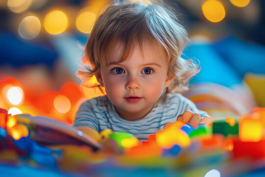 A bright-eyed toddler plays with colorful building blocks in a warm and cozy playroom