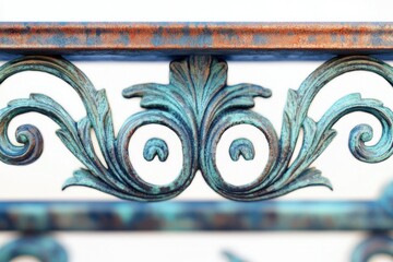 Ornate teal and copper metal shelf bracket with swirling acanthus leaf details.