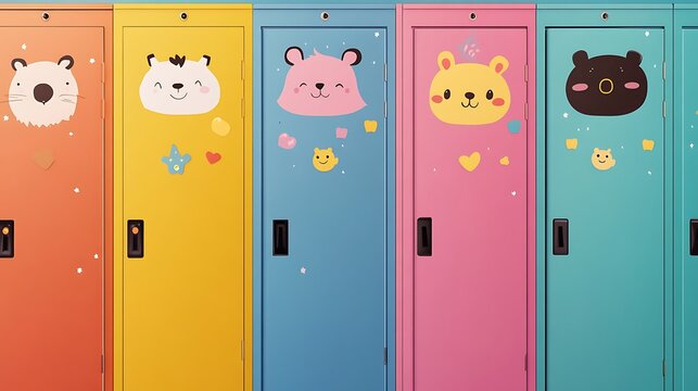 Colorful lockers adorned with whimsical animal designs.