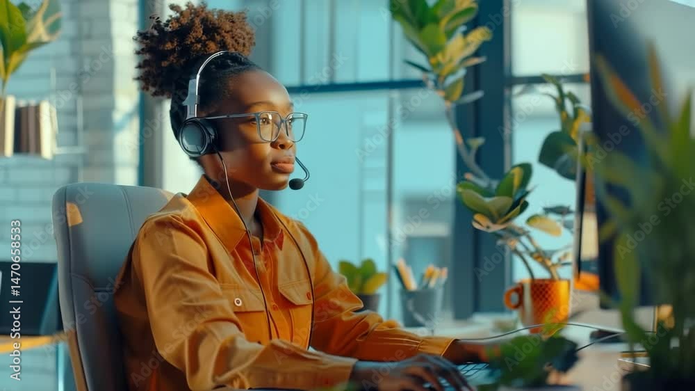 Poster a focused, seated agent with a headset assists customers from her workspace. she navigates software 