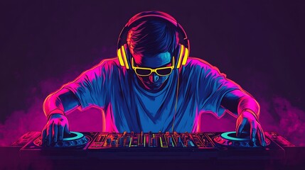 Dj operating equipment vibrant colors