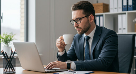 Fototapeta premium Professional Office Workspace with Business Executive Using Laptop While Drinking Coffee Supporting Remote Productivity Corporate Communication and Daily Workflow