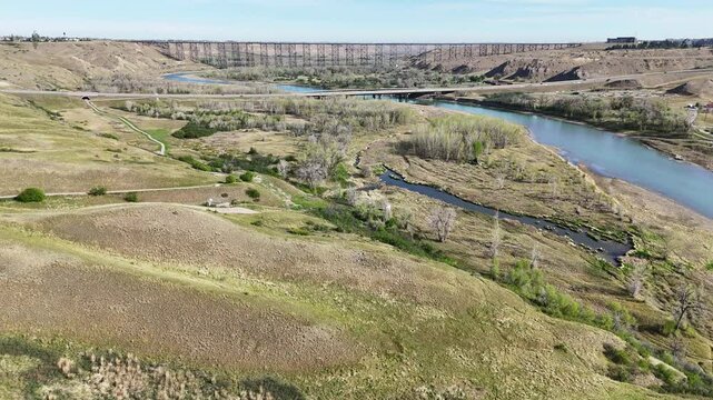 Aerial view of the Old Man River valley and train viaduct in Lethbridge Alberta.