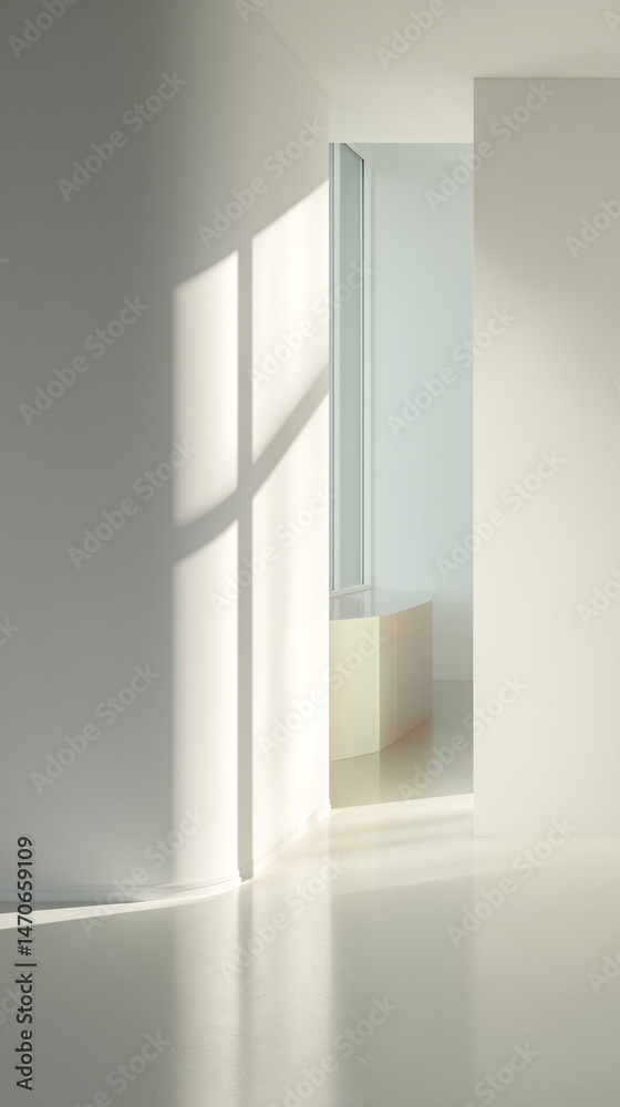 Poster sunlight streams through window into minimalist white room, illuminating curved wall and off-white b