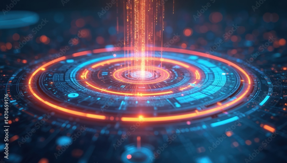 Fototapete Digital concept automated audit process. Algorithms scanning data for inconsistencies. Modern cyber security, futuristic tech, innovation, abstract background. Blue cyberspace network. Binary code.
