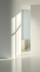 Sunlight streams through window into minimalist white room, illuminating curved wall and off-white bench, creating serene, modern atmosphere