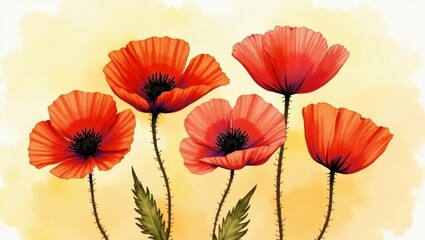 Fototapeta premium Vibrant watercolor poppies in shades of red and orange against a warm abstract background