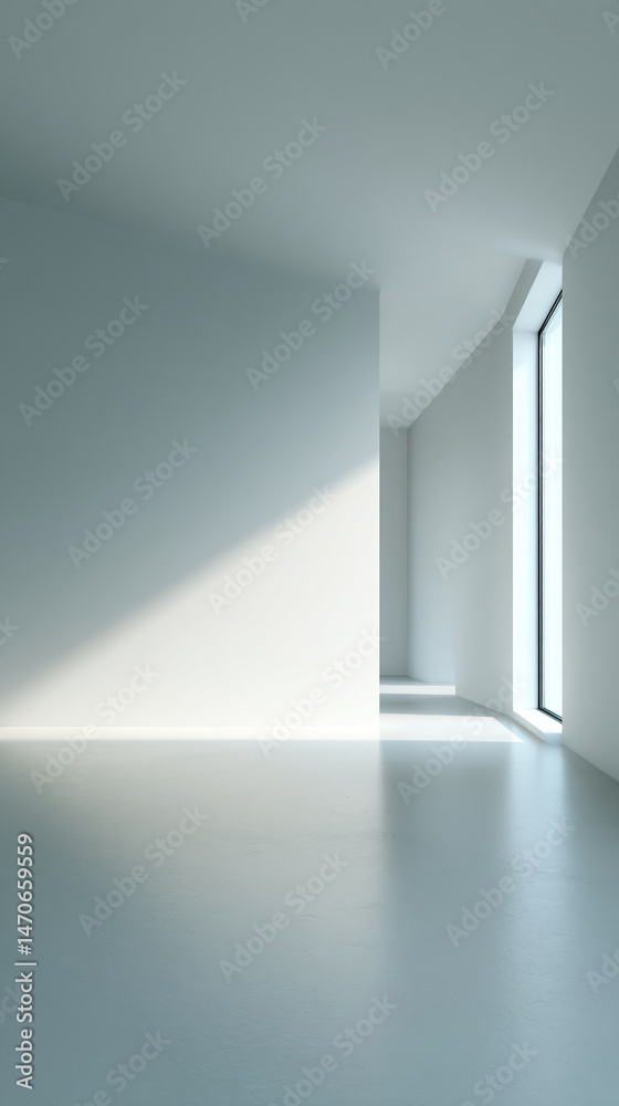 Poster empty minimalist room with pale walls, floor, and sunlight creating shadows, showcasing clean design