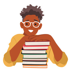 Smiling nerd boy student cartoon character putting head on folded palms on stack of textbooks