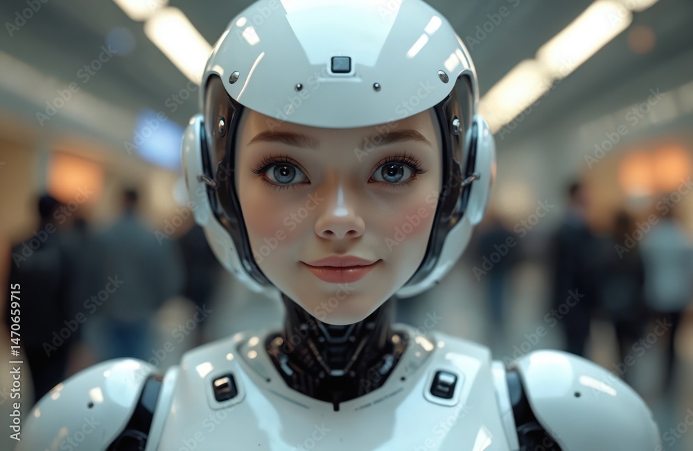 Leinwandbilder futuristic robot with human features in public place. modern ai android woman with digital interface
