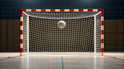 Handball goal post with net and ball approaching the goal
