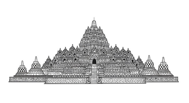 Borobudur Temple, Monochrome Architectural Illustration
