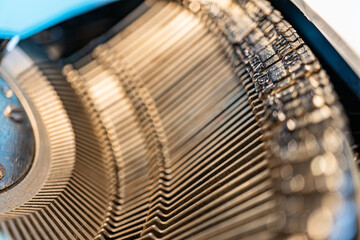 Image of high-quality, close-up view of advanced gold-plated technology, optimized for performance in aerospace, automotive, or high-performance computing Precision engineering and durability sugges