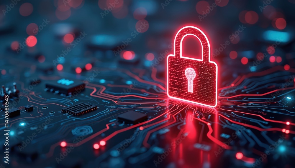 Aufkleber red padlock glows on circuit board, symbolizing cyber security, data protection. warning sign of sys