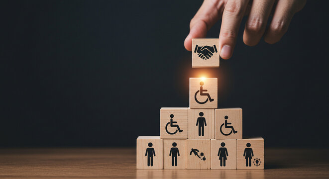 Hand placing wooden block with wheelchair icon on pyramid representing inclusive human resources team