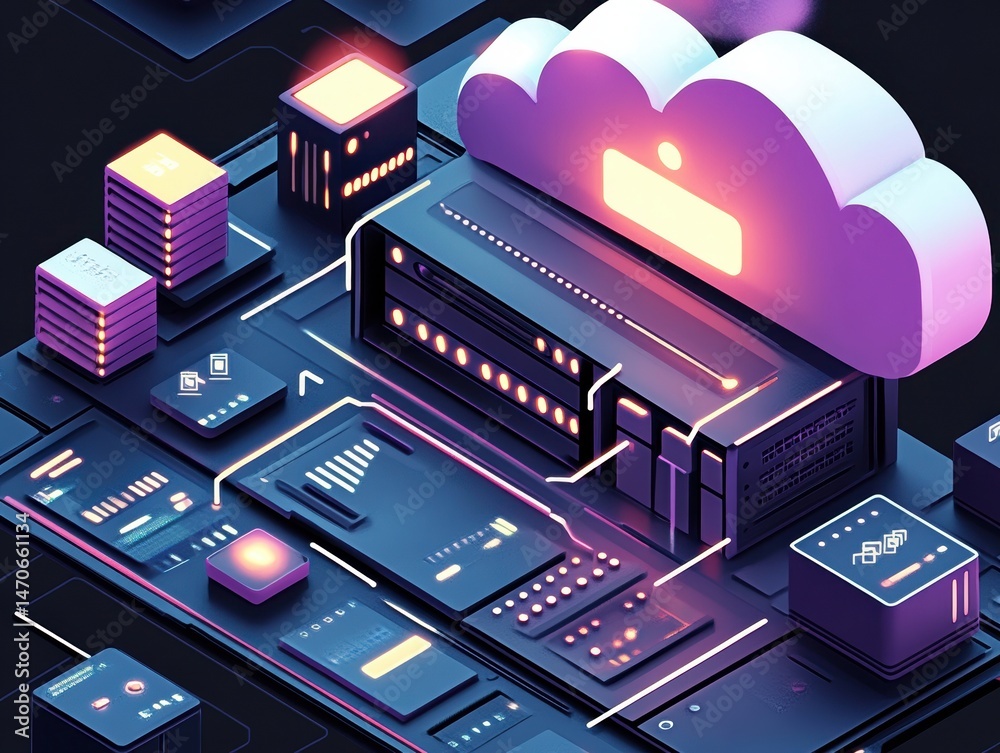 Poster Futuristic Cloud Computing Infrastructure with Neon Elements and Data Storage Units