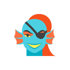 Illustration of a blue skinned character with an eye patch and orange hair and fish like fins on the head