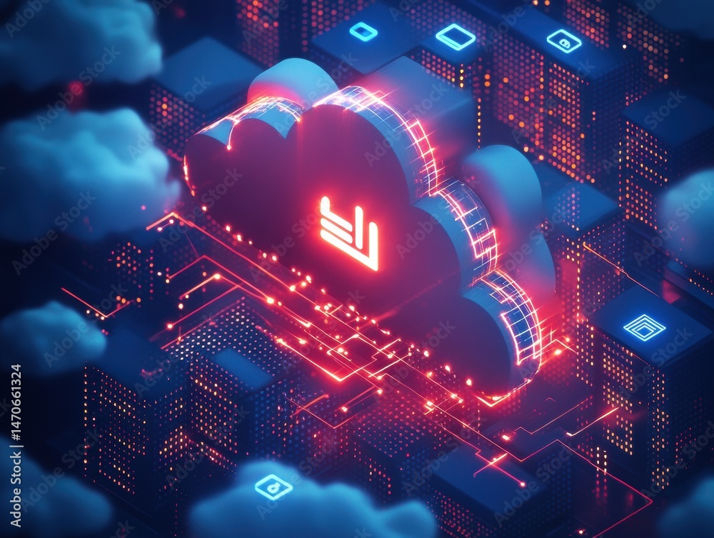Poster futuristic cloud computing concept with neon lights and digital connections