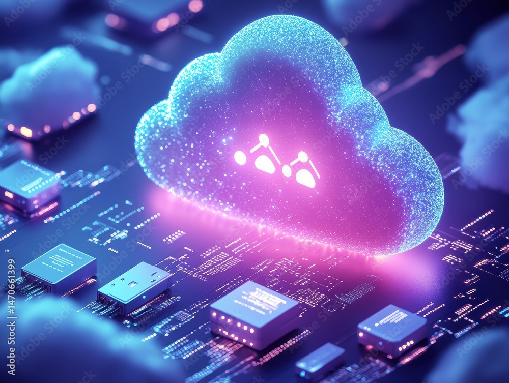 Poster Futuristic Cloud Computing Concept with Circuit Board and Neon Elements