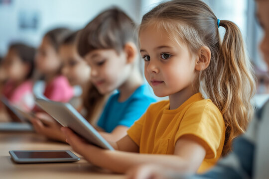 Focused Schoolchildren Using Tablets in Modern Classroom