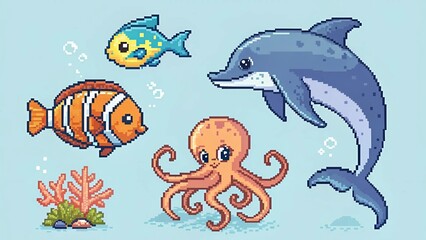 Obraz premium Cross stitch pattern featuring a crab, fish, and various sea life animals in vibrant colors. 