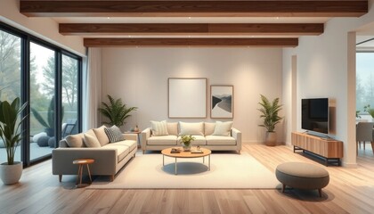 Fototapeta premium Contemporary living room design with neutral tones and minimalist decoration exhibiting modern house concepts